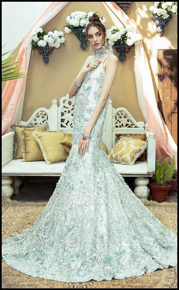 Pakistani Pistachio Silver Embellished Net Silk-Satin Bridal Gown (1-Pc) - Image 2