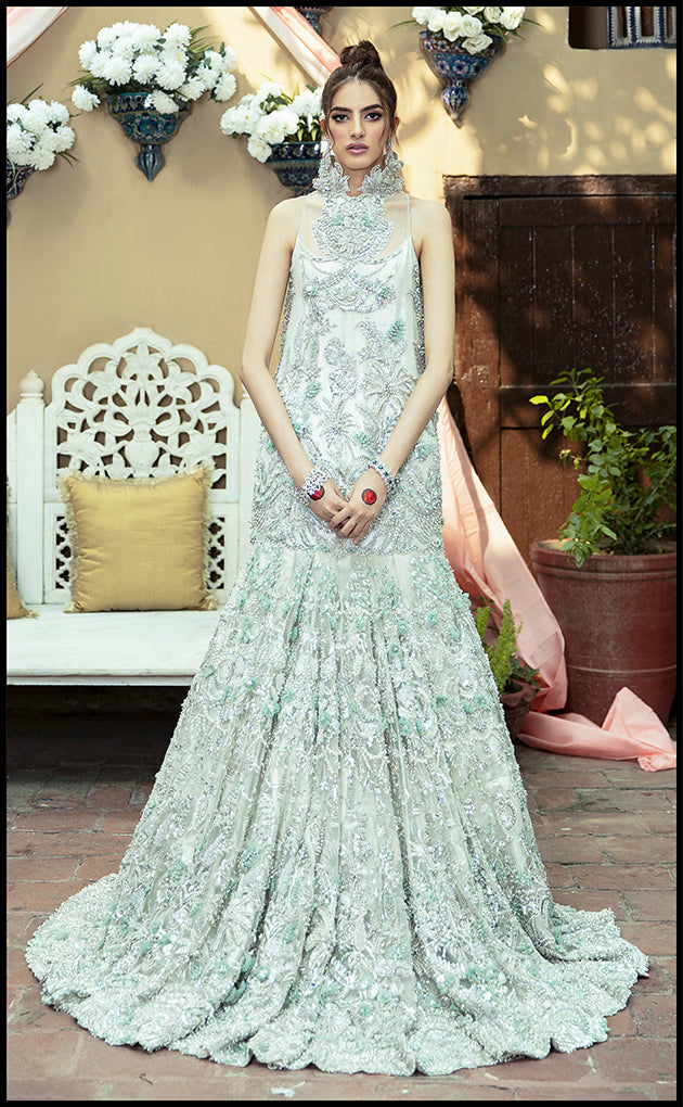 Pakistani Pistachio Silver Embellished Net Silk-Satin Bridal Gown (1-Pc) - Image 4