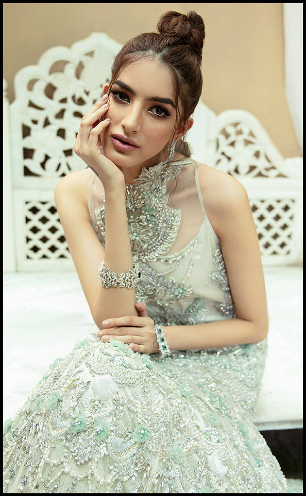Pakistani Pistachio Silver Embellished Net Silk-Satin Bridal Gown (1-Pc) - Image 5