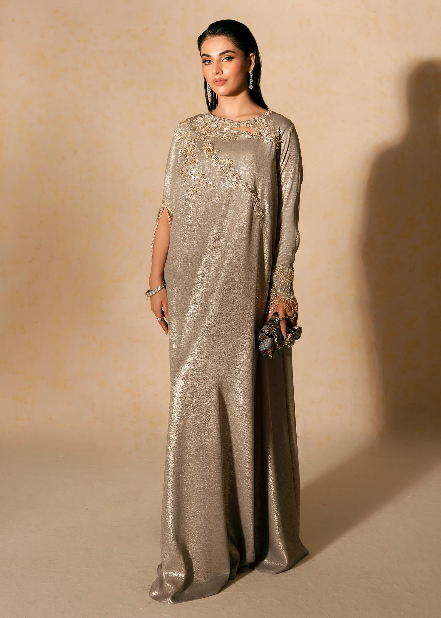 Silver Grey Swarovski Shimmer Silk Gown (2-Piece) - Image 1