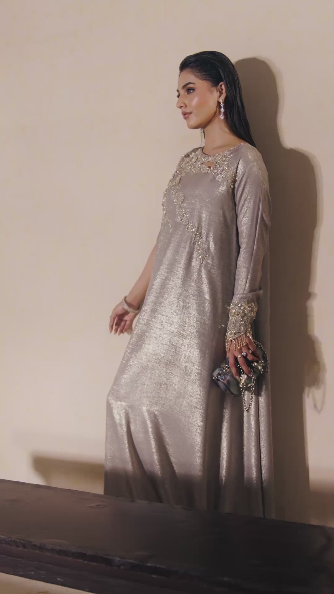 Silver Grey Swarovski Shimmer Silk Gown (2-Piece) - Image 8