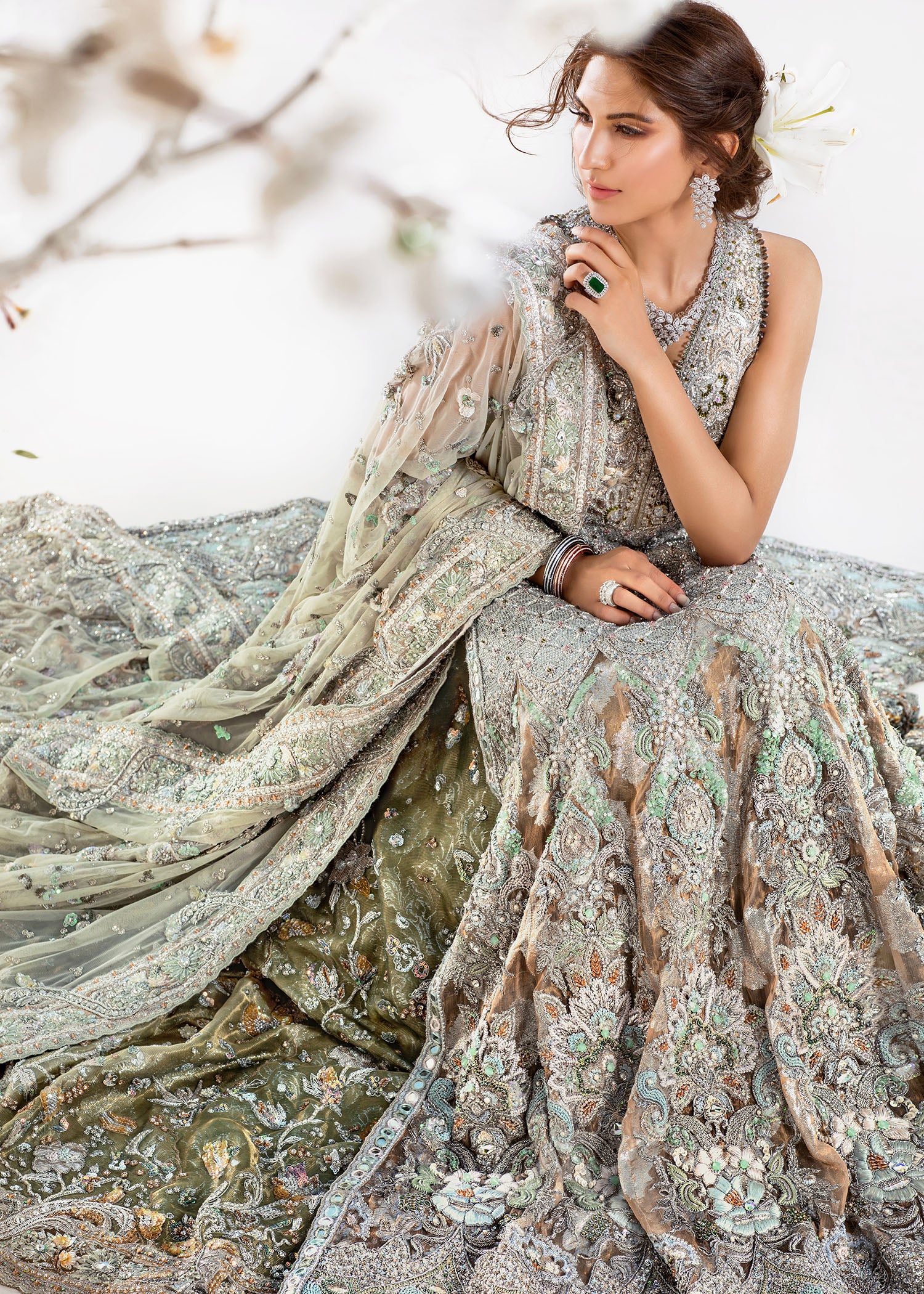 Silver Grey Embellished Net Silk Bridal Gown (2-Piece) - Image 3