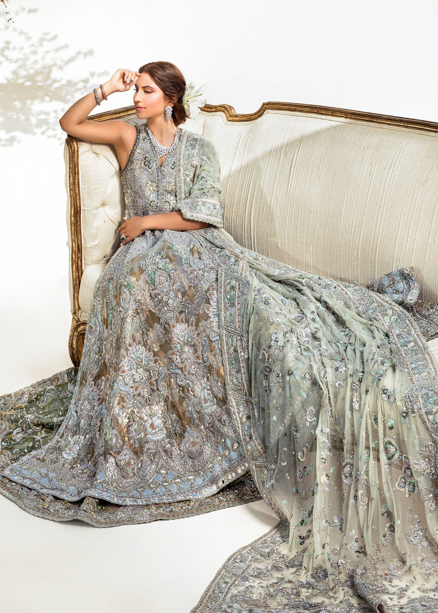 Silver Grey Embellished Net Silk Bridal Gown (2-Piece) - Image 4