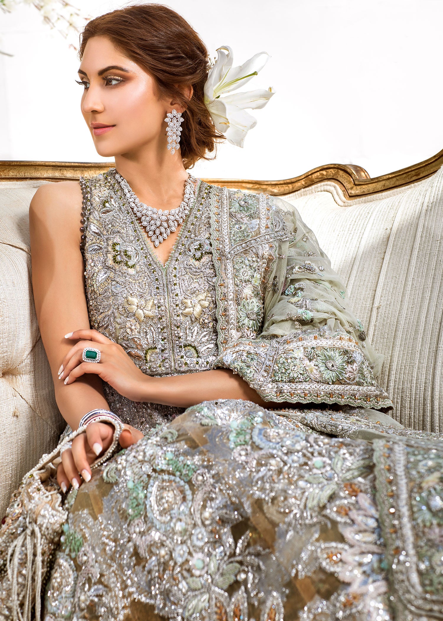 Silver Grey Embellished Net Silk Bridal Gown (2-Piece) - Image 5