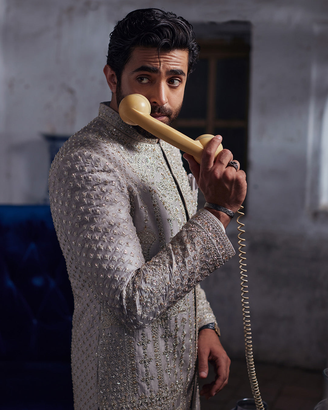 Silver Grey Dabka Tilla Raw Silk Sherwani (3-Piece) - Image 7