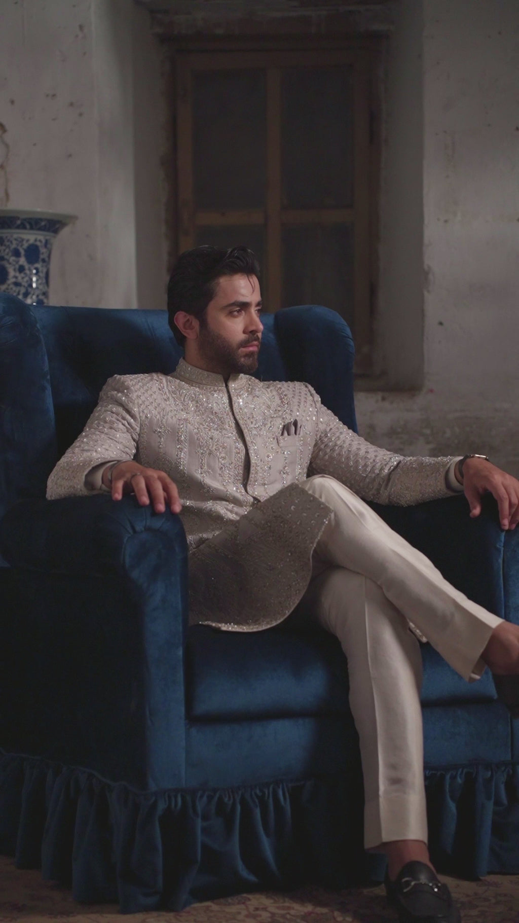 Silver Grey Dabka Tilla Raw Silk Sherwani (3-Piece) - Image 8