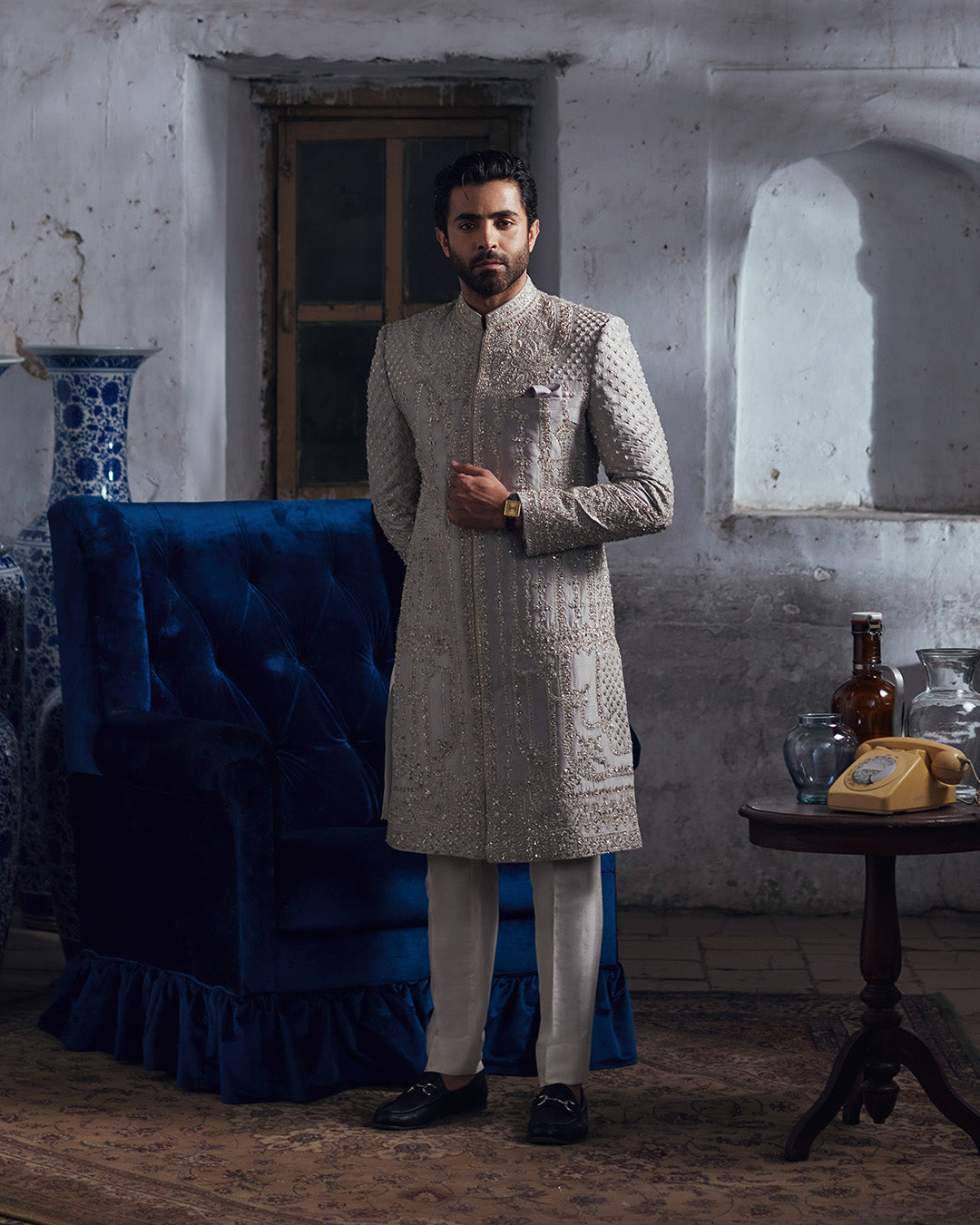 Silver Grey Dabka Tilla Raw Silk Sherwani (3-Piece) - Image 1