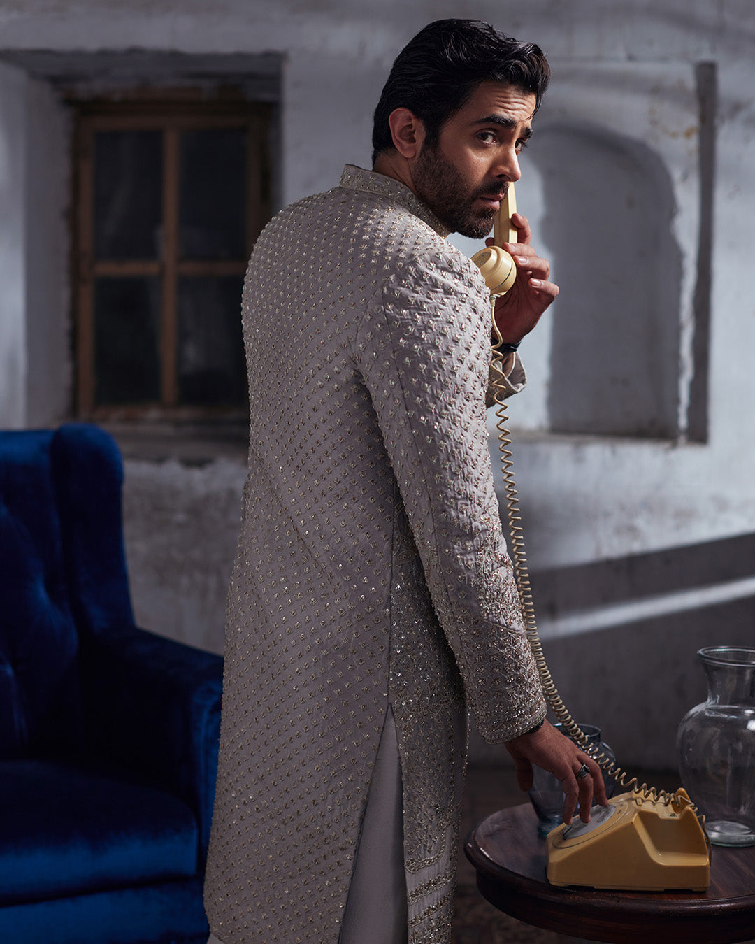 Silver Grey Dabka Tilla Raw Silk Sherwani (3-Piece) - Image 4