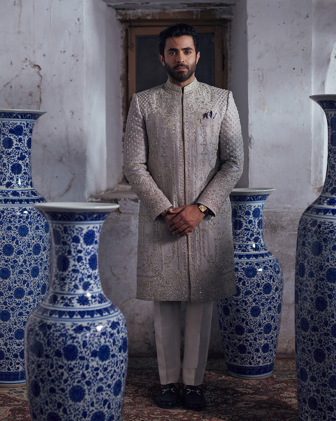 Silver Grey Dabka Tilla Raw Silk Sherwani (3-Piece) - Image 5