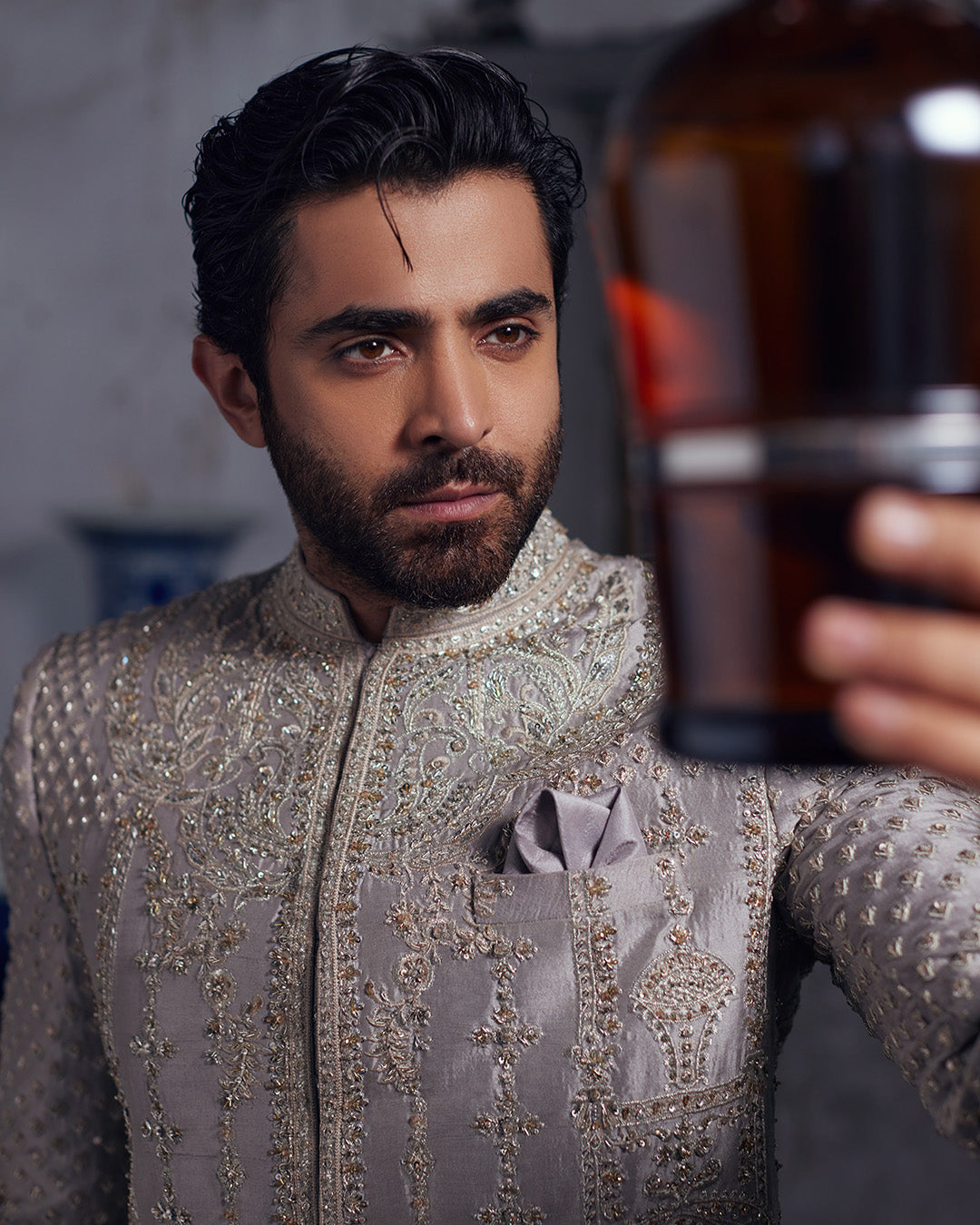 Silver Grey Dabka Tilla Raw Silk Sherwani (3-Piece) - Image 6