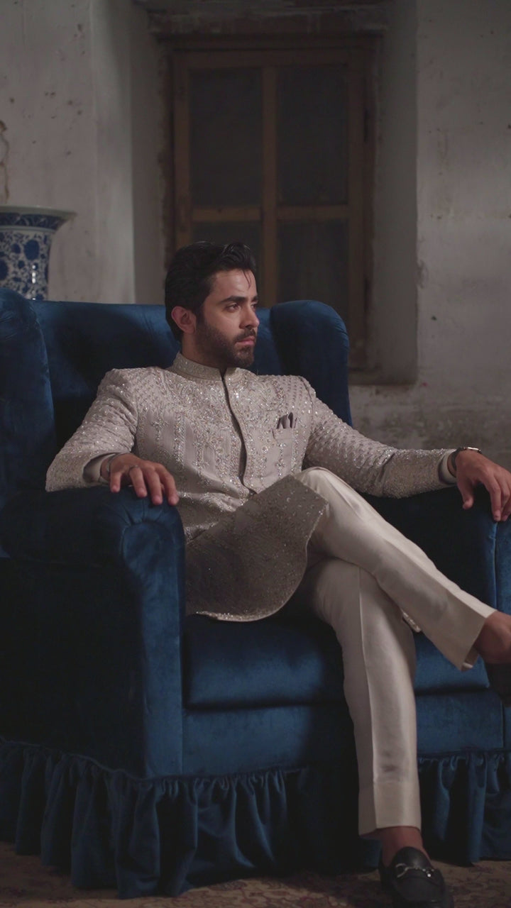 Silver Grey Dabka Tilla Raw Silk Sherwani (3-Piece) - Image 8