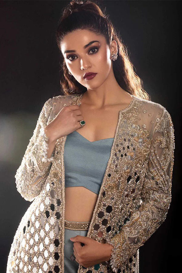 Silver Grey Zardozi Net Jacket with Silk Trousers (2-Piece) - Image 1