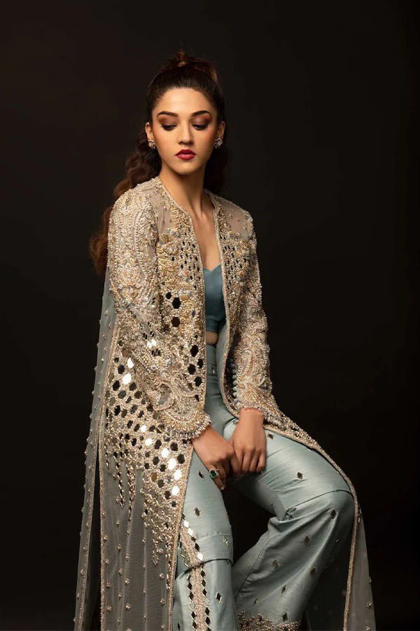 Silver Grey Zardozi Net Jacket with Silk Trousers (2-Piece) - Image 2