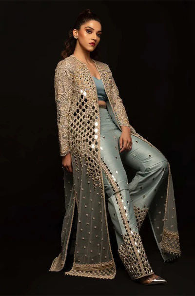 Silver Grey Zardozi Net Jacket with Silk Trousers (2-Piece) - Image 3