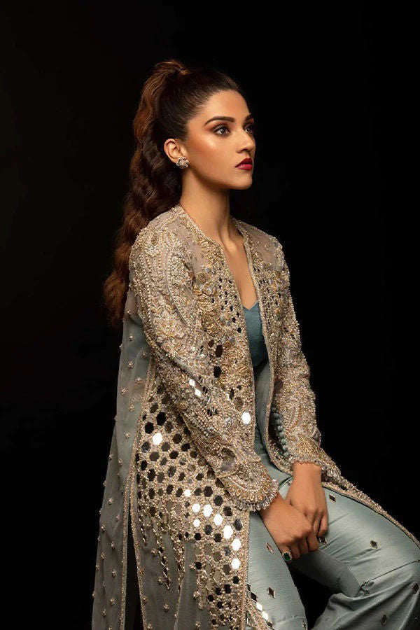 Silver Grey Zardozi Net Jacket with Silk Trousers (2-Piece) - Image 4