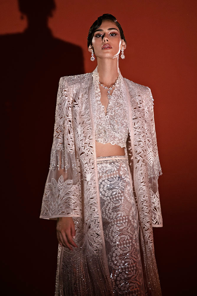 Pakistani Silver Embroidered Organza Jacket Set (3-Piece) - Image 3