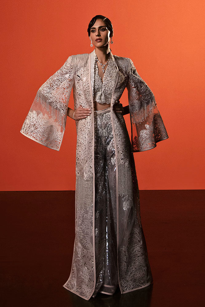 Pakistani Silver Embroidered Organza Jacket Set (3-Piece) - Image 5