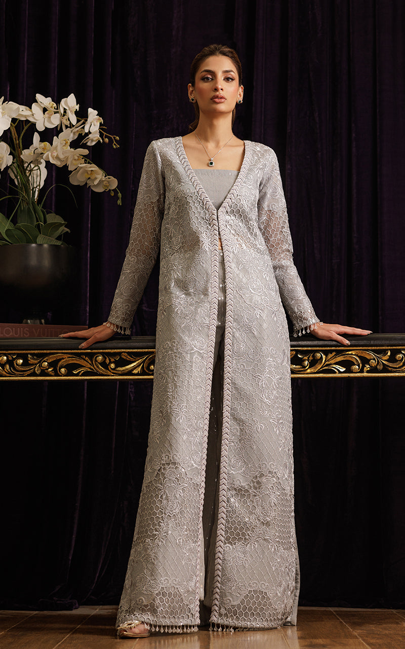 Silver Grey Embroidered Organza Long Jacket (3-Piece) - Image 1