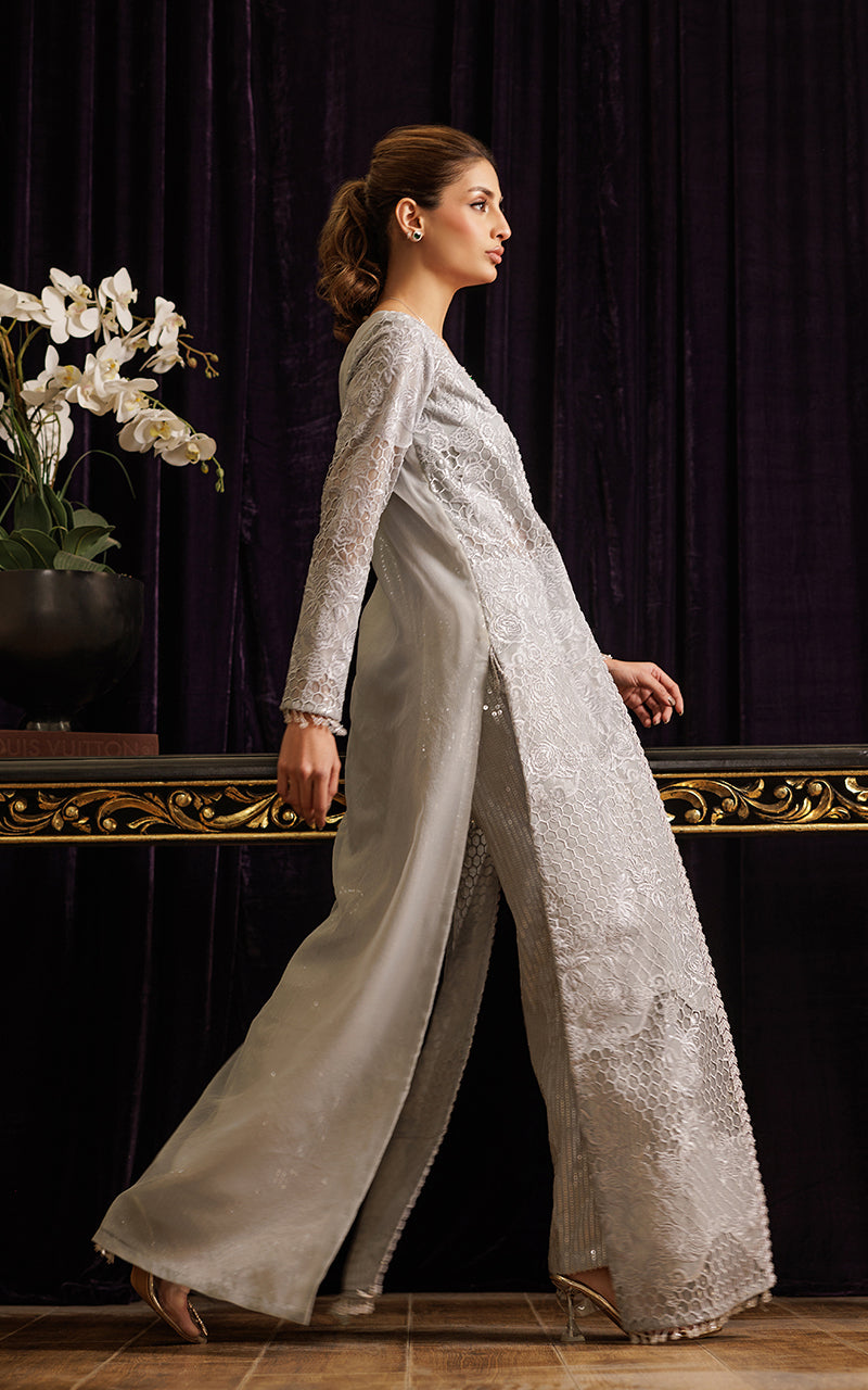 Silver Grey Embroidered Organza Long Jacket (3-Piece) - Image 2