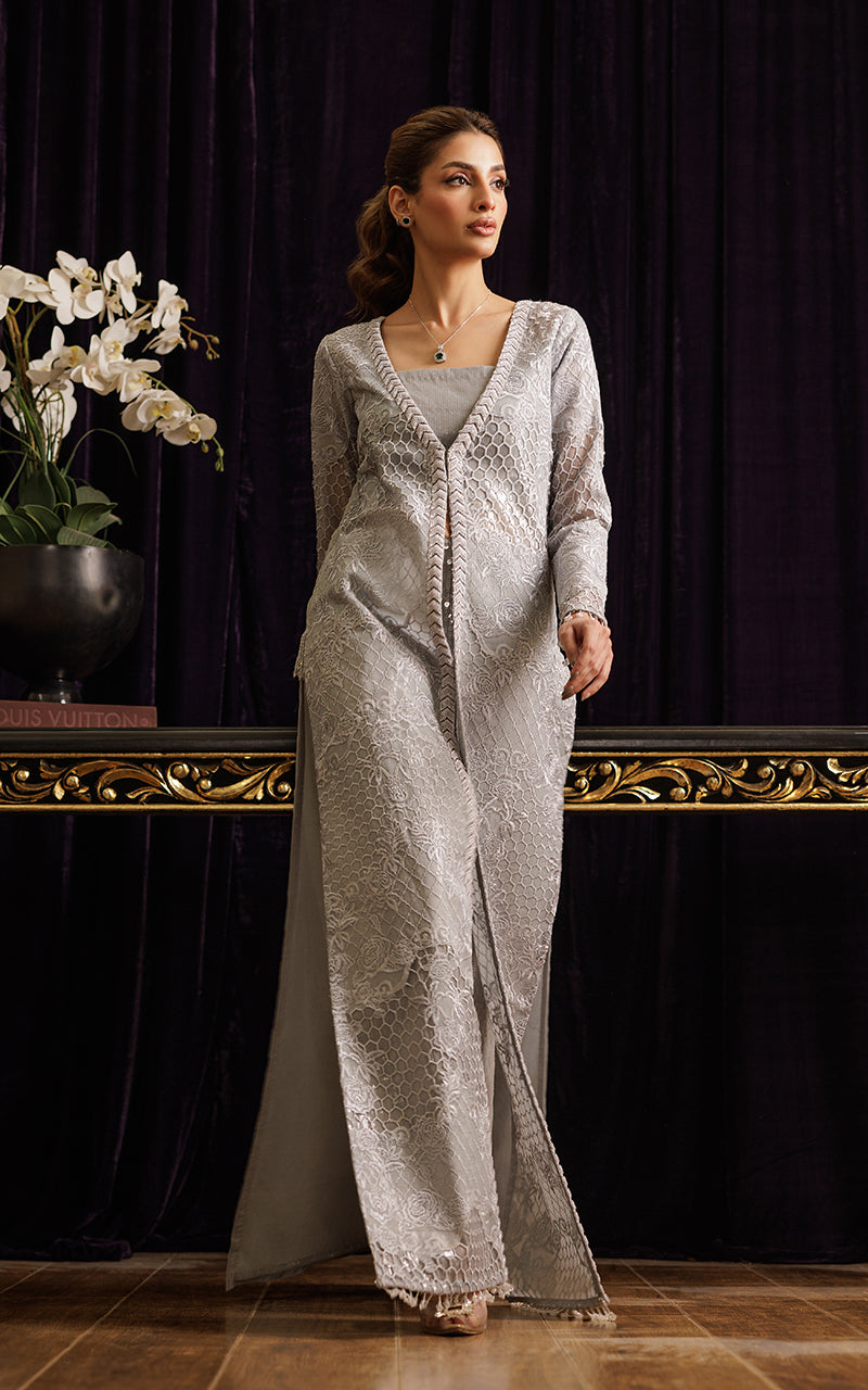 Silver Grey Embroidered Organza Long Jacket (3-Piece) - Image 3