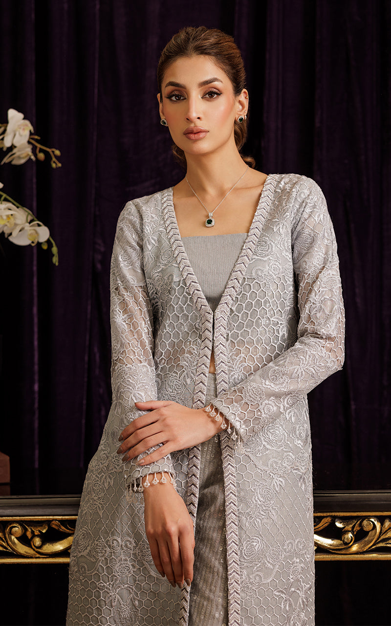 Silver Grey Embroidered Organza Long Jacket (3-Piece) - Image 4