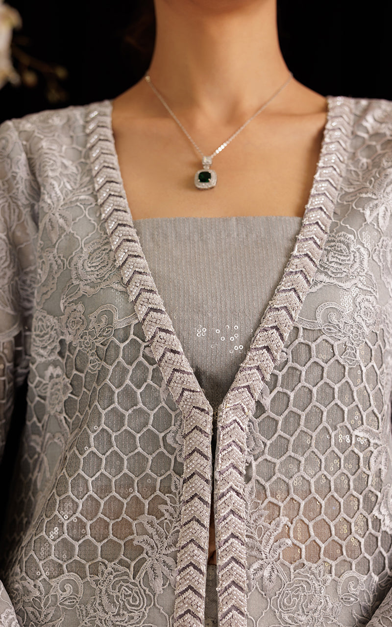 Silver Grey Embroidered Organza Long Jacket (3-Piece) - Image 5