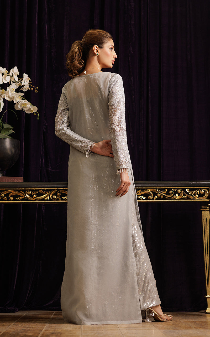 Silver Grey Embroidered Organza Long Jacket (3-Piece) - Image 6