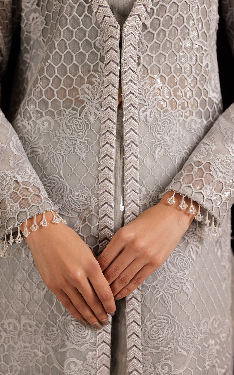 Silver Grey Embroidered Organza Long Jacket (3-Piece) - Image 7