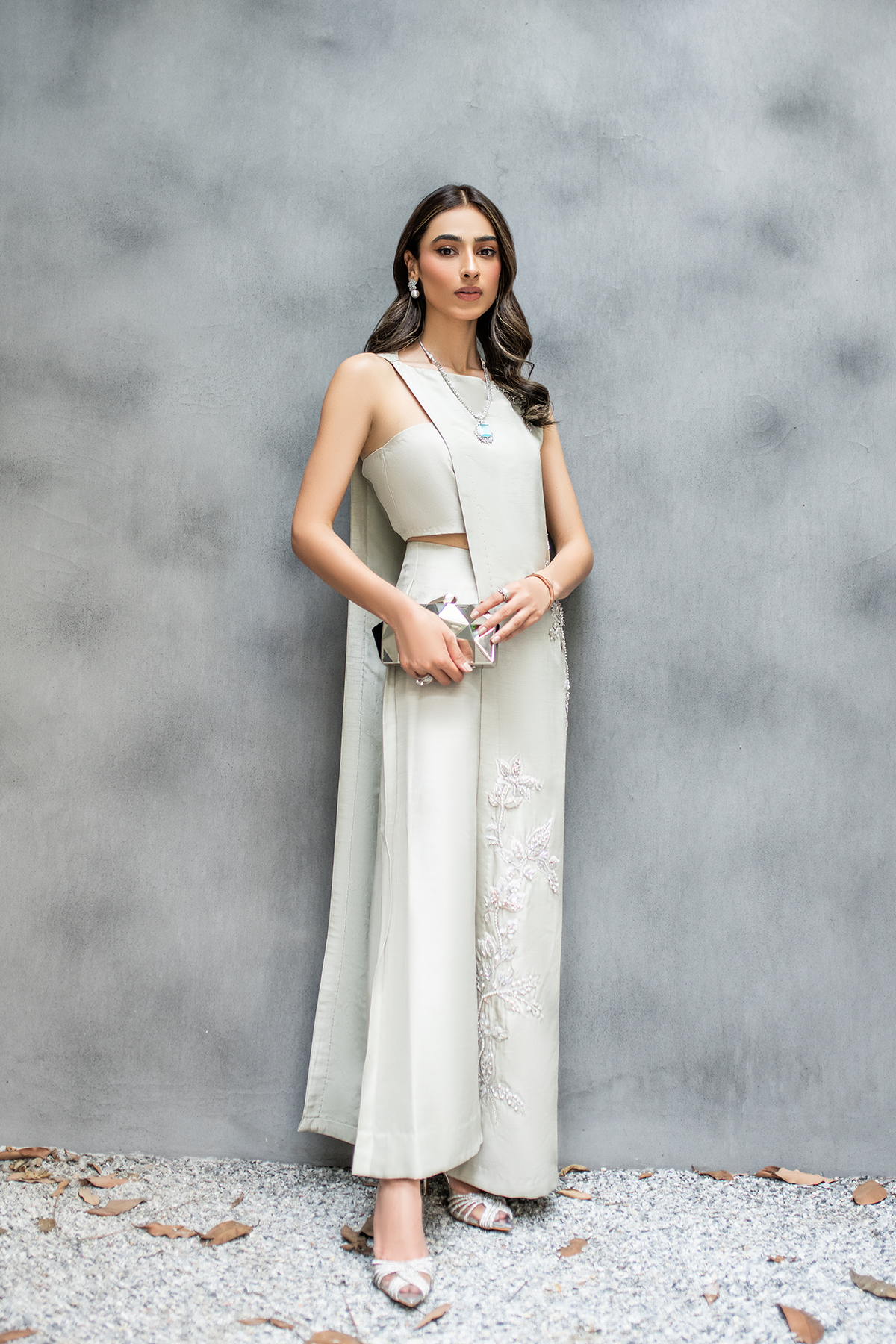 Pakistani Silver-Grey Embellished Silk-Blend Jacket Set (2-Piece) - Image 1