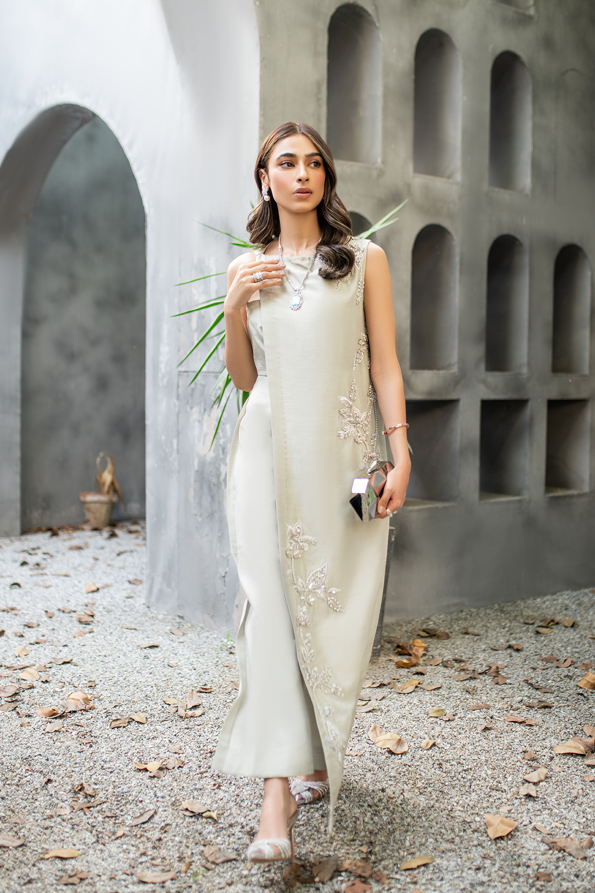 Pakistani Silver-Grey Embellished Silk-Blend Jacket Set (2-Piece) - Image 5