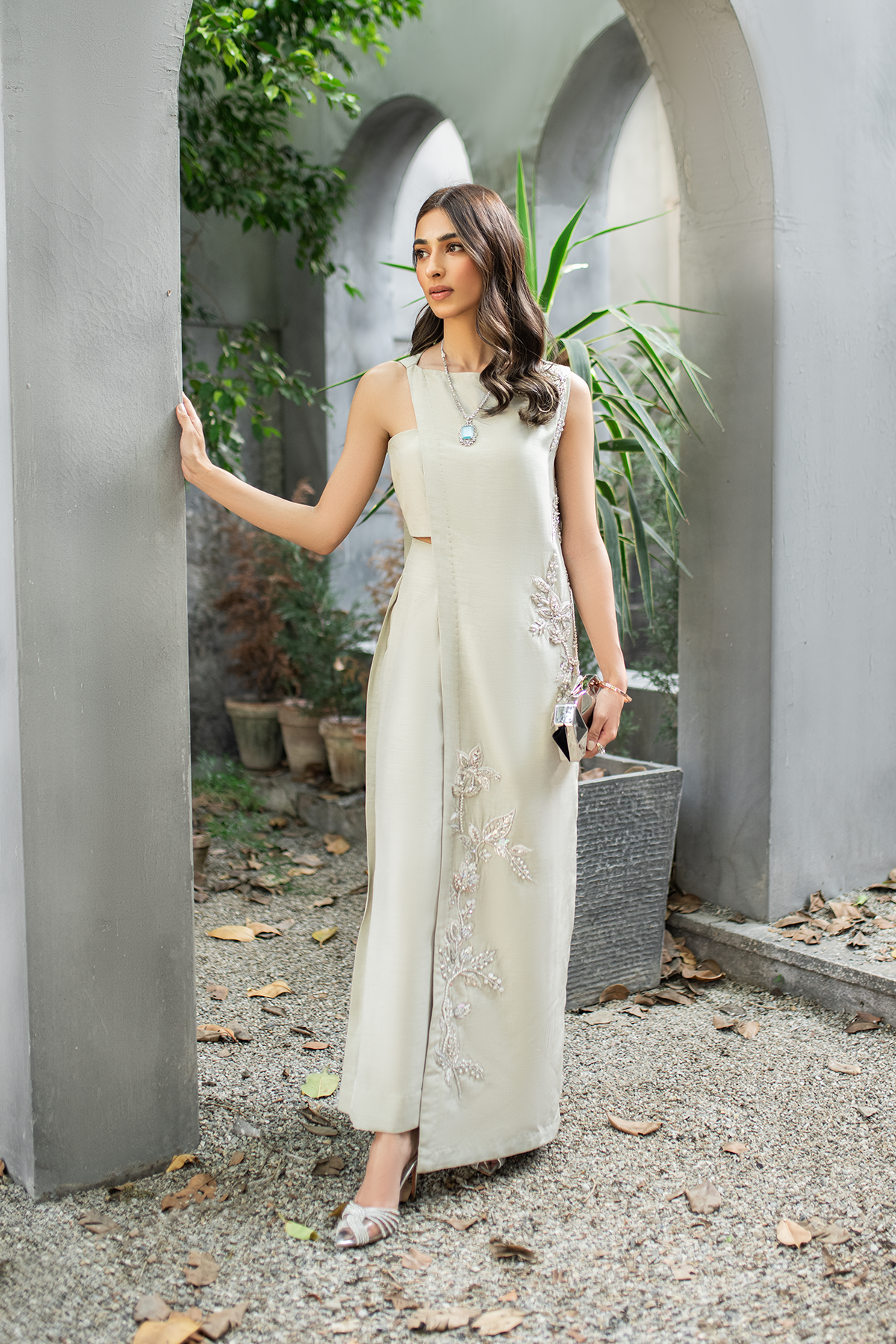 Pakistani Silver-Grey Embellished Silk-Blend Jacket Set (2-Piece) - Image 6