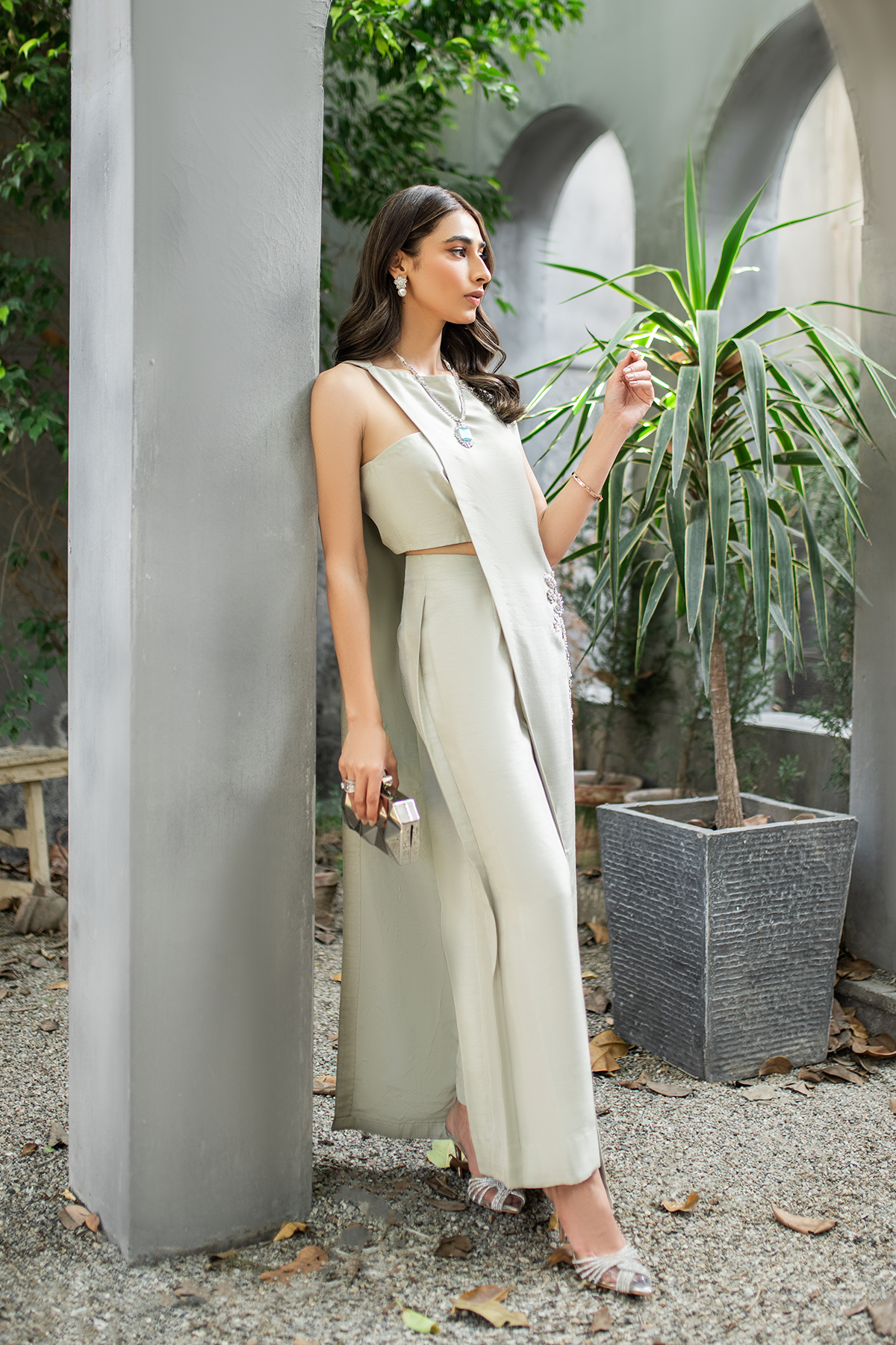 Pakistani Silver-Grey Embellished Silk-Blend Jacket Set (2-Piece) - Image 8