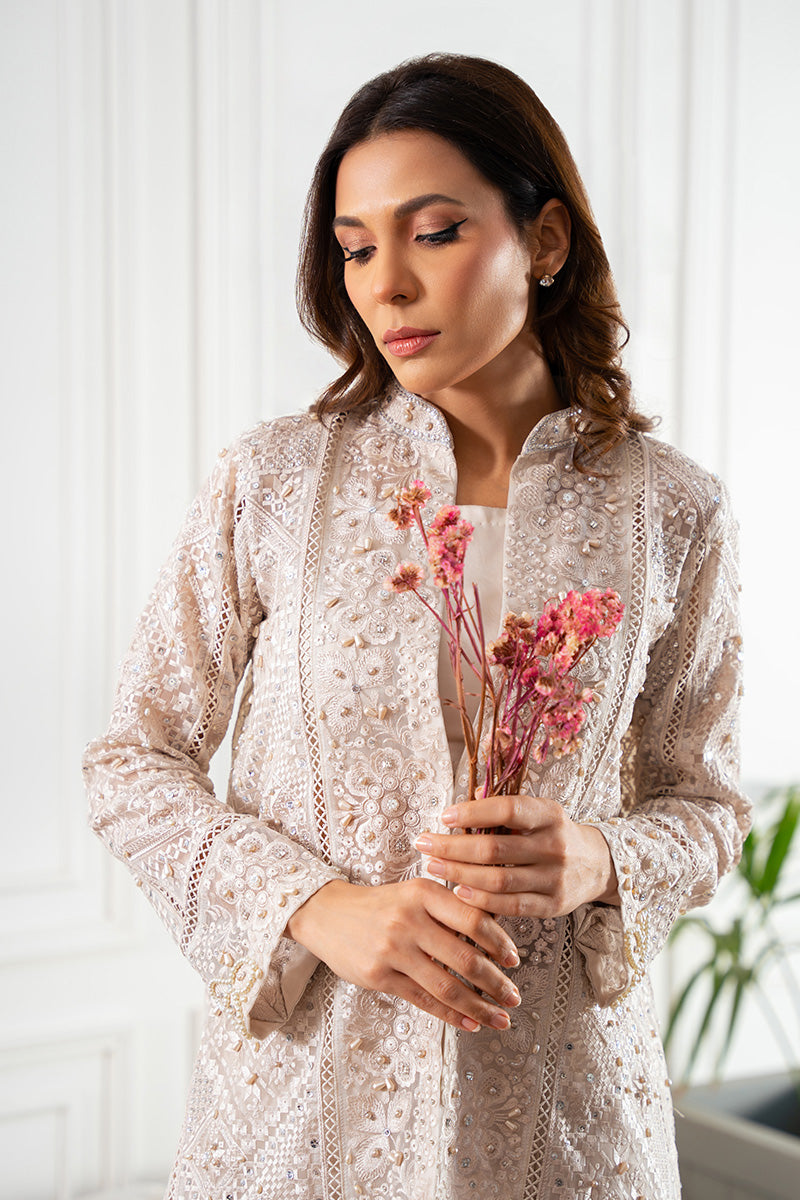 Pakistani Misty Silver Embellished Organza Jacket with Silk Skirt (3-Piece) - Image 2