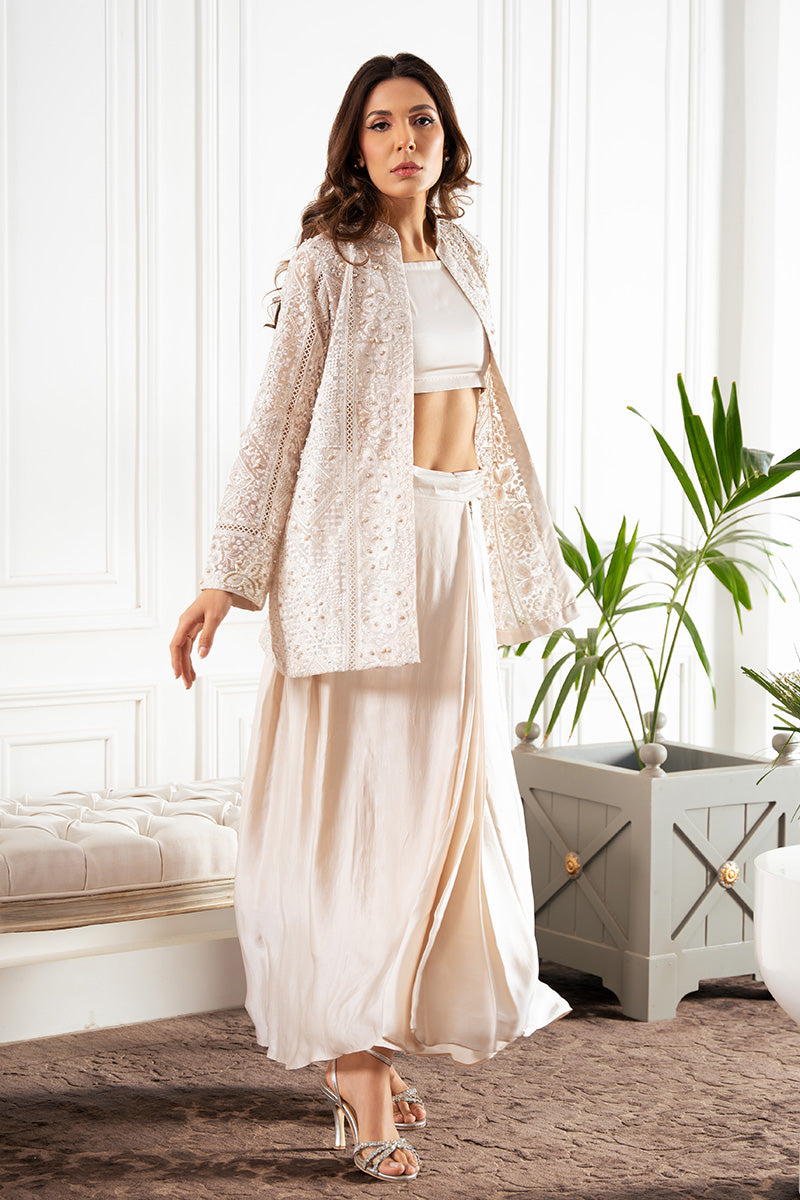 Pakistani Misty Silver Embellished Organza Jacket with Silk Skirt (3-Piece) - Image 4