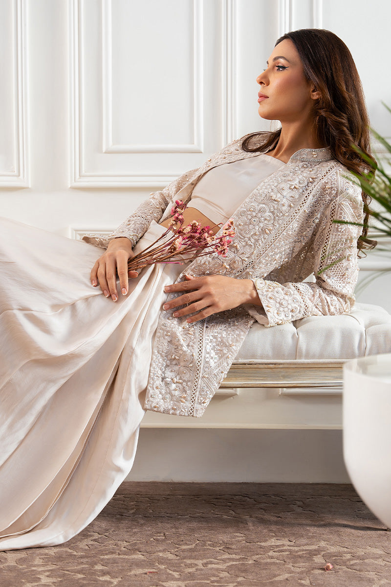Pakistani Misty Silver Embellished Organza Jacket with Silk Skirt (3-Piece) - Image 7