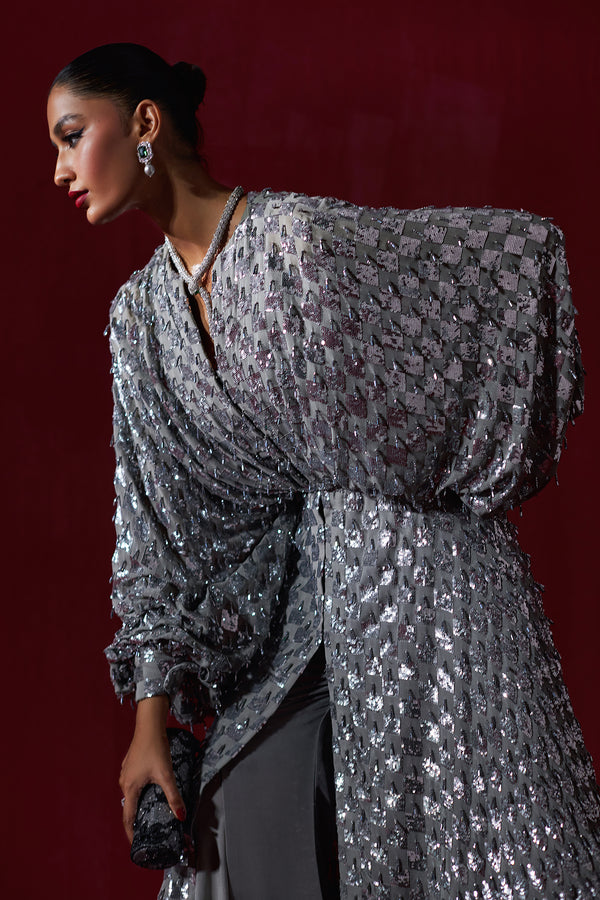 Silver Sequin & Pearl Chiffon Kaftan (2-Piece) - Image 4