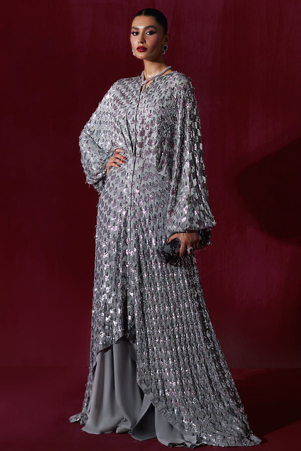 Pakistani Silver Sequin Chiffon Kaftan Dress (2-Piece) - Image 2