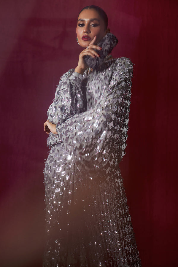 Pakistani Silver Sequin Chiffon Kaftan Dress (2-Piece) - Image 5
