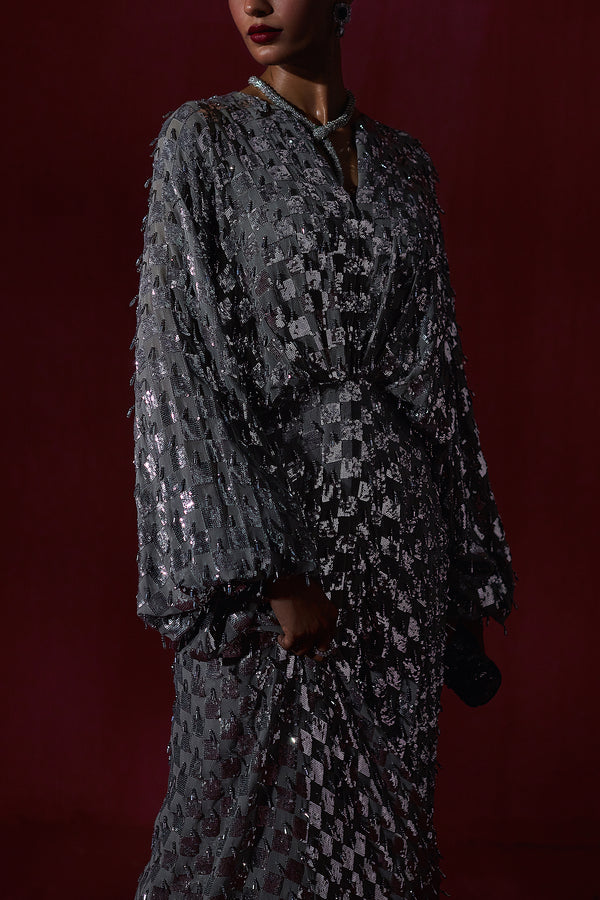 Pakistani Silver Sequin Chiffon Kaftan Dress (2-Piece) - Image 6