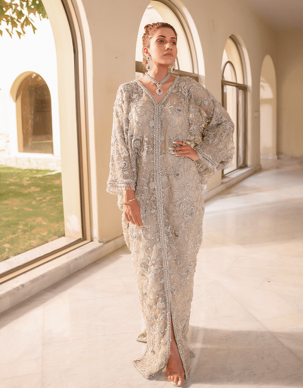 Silver Floral Jaal Embroidered Organza Kaftan (1-Pc) - Image 1
