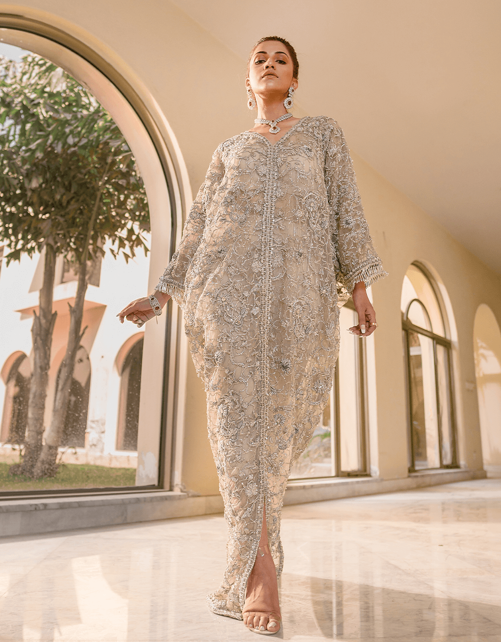 Silver Floral Jaal Embroidered Organza Kaftan (1-Pc) - Image 2