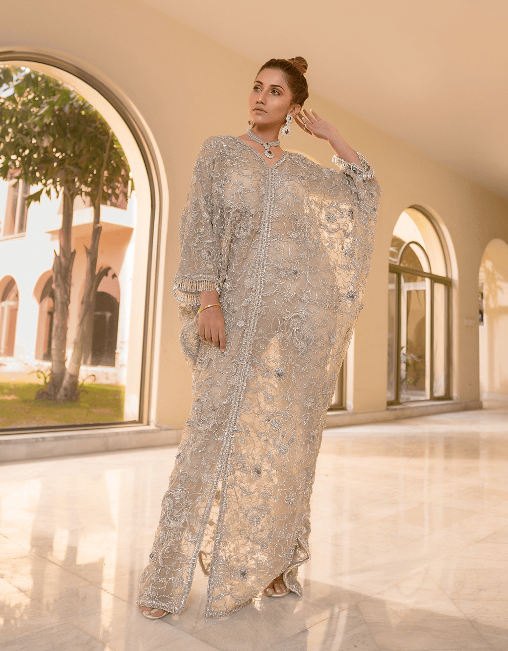 Silver Floral Jaal Embroidered Organza Kaftan (1-Pc) - Image 3