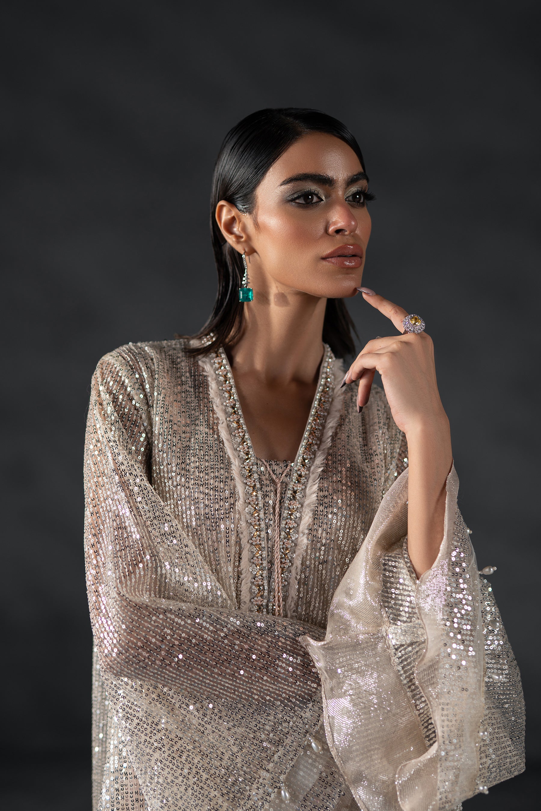 Pakistani Silver Nude Sequin Net Kaftan Dress (3-Piece) - Image 2