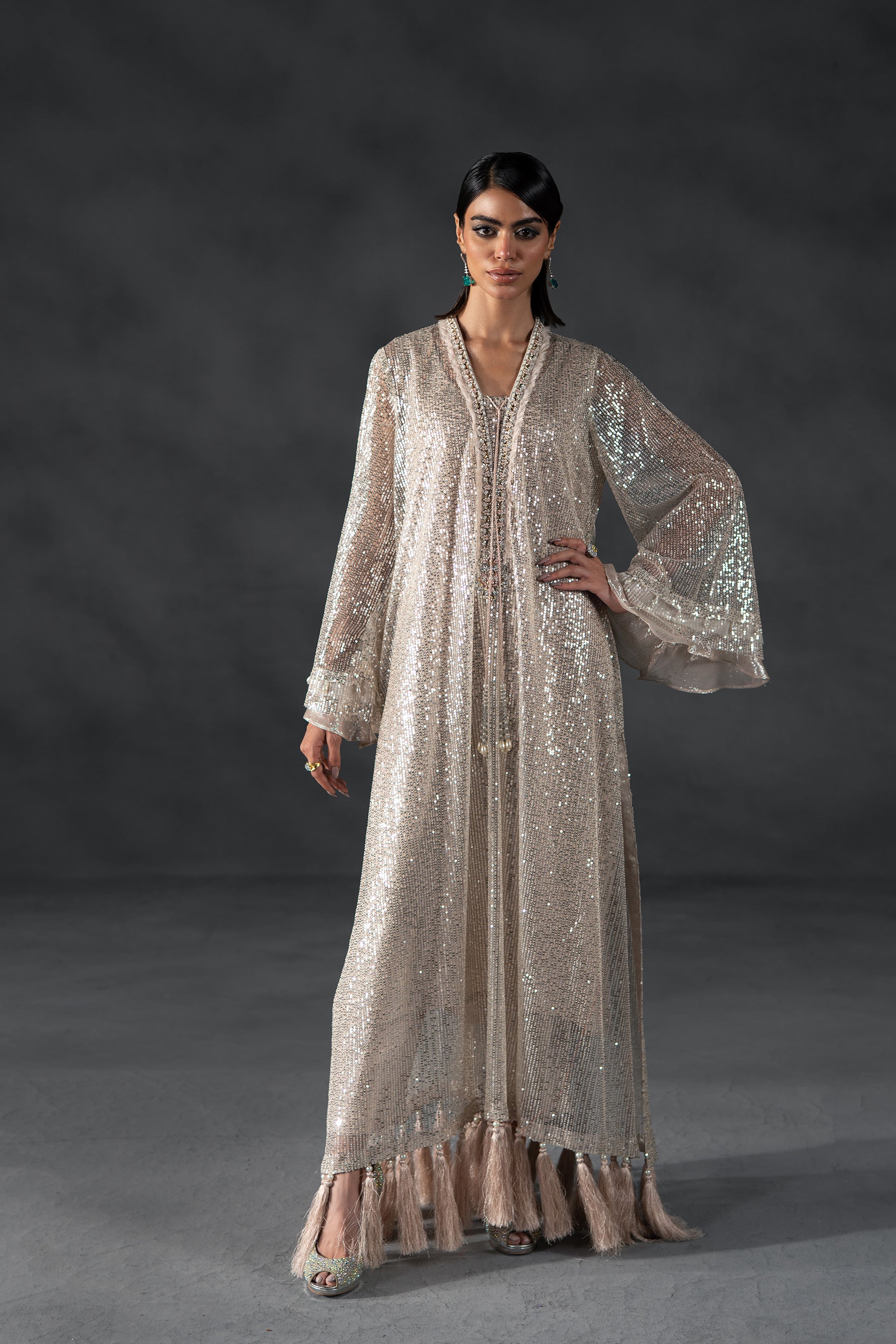 Pakistani Silver Nude Sequin Net Kaftan Dress (3-Piece) - Image 1