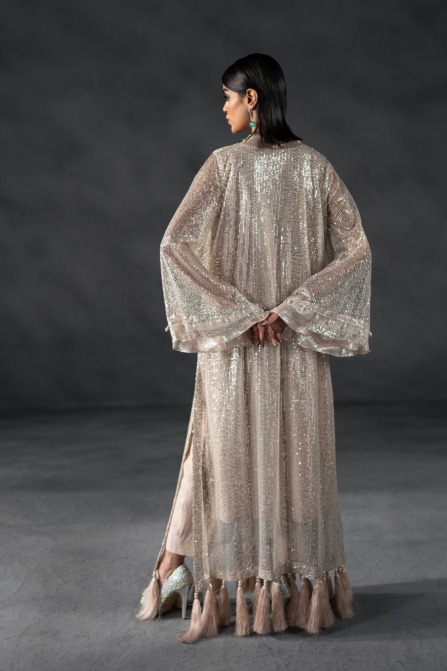 Silver Nude Sequin Net Kaftan Dress (2-Piece) - Image 3