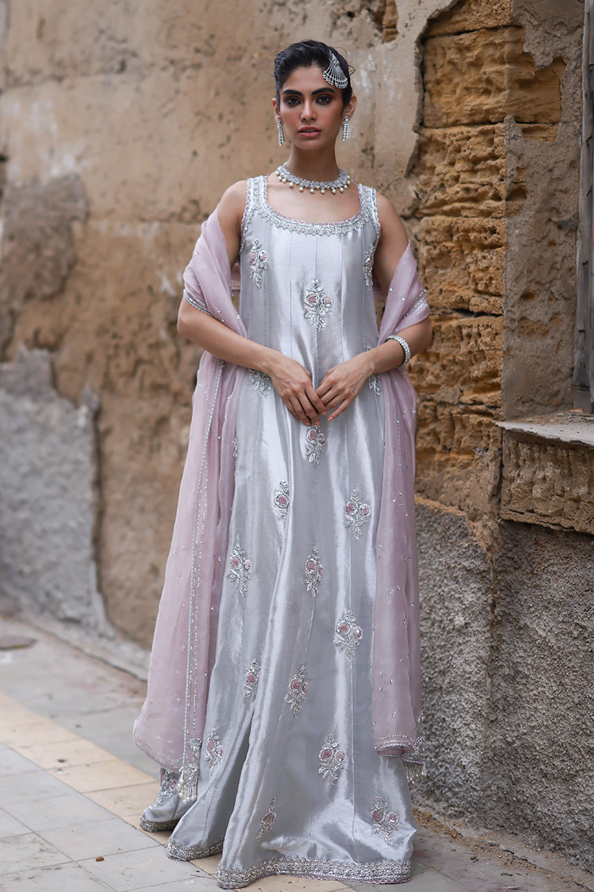 Silver Zardozi Tissue Silk Kalidar Dress (2-Piece) - Image 1