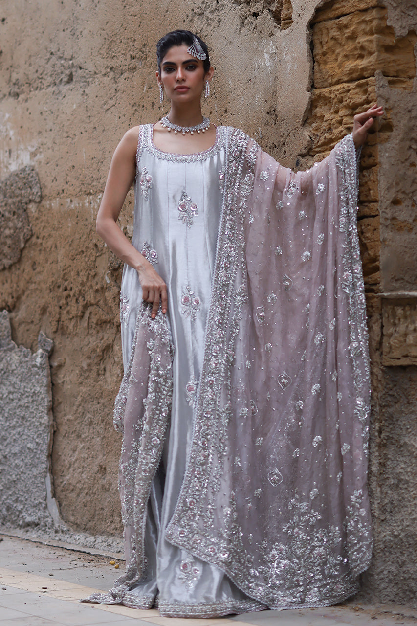 Silver Zardozi Tissue Silk Kalidar Dress (2-Piece) - Image 2