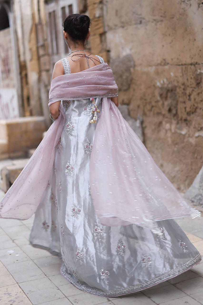 Silver Zardozi Tissue Silk Kalidar Dress (2-Piece) - Image 3