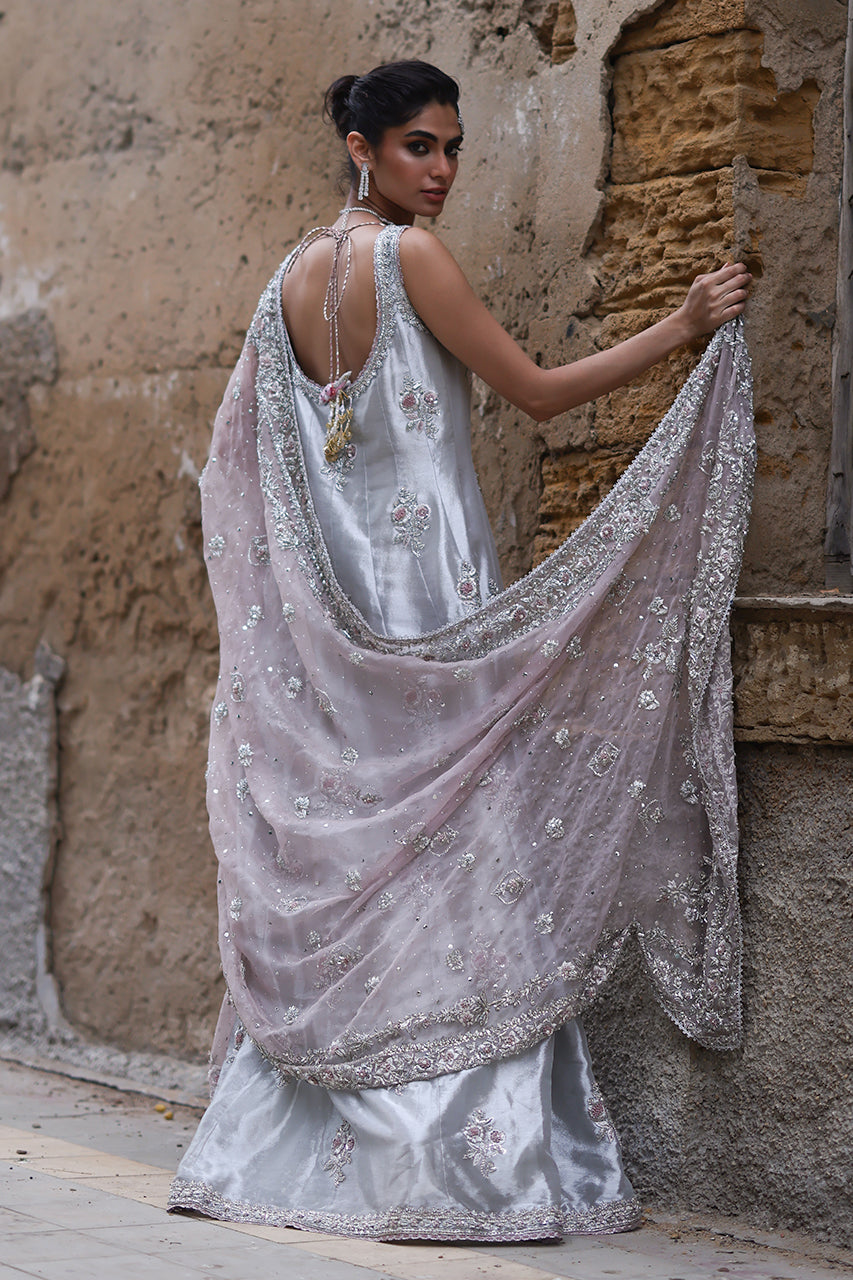 Silver Zardozi Tissue Silk Kalidar Dress (2-Piece) - Image 4