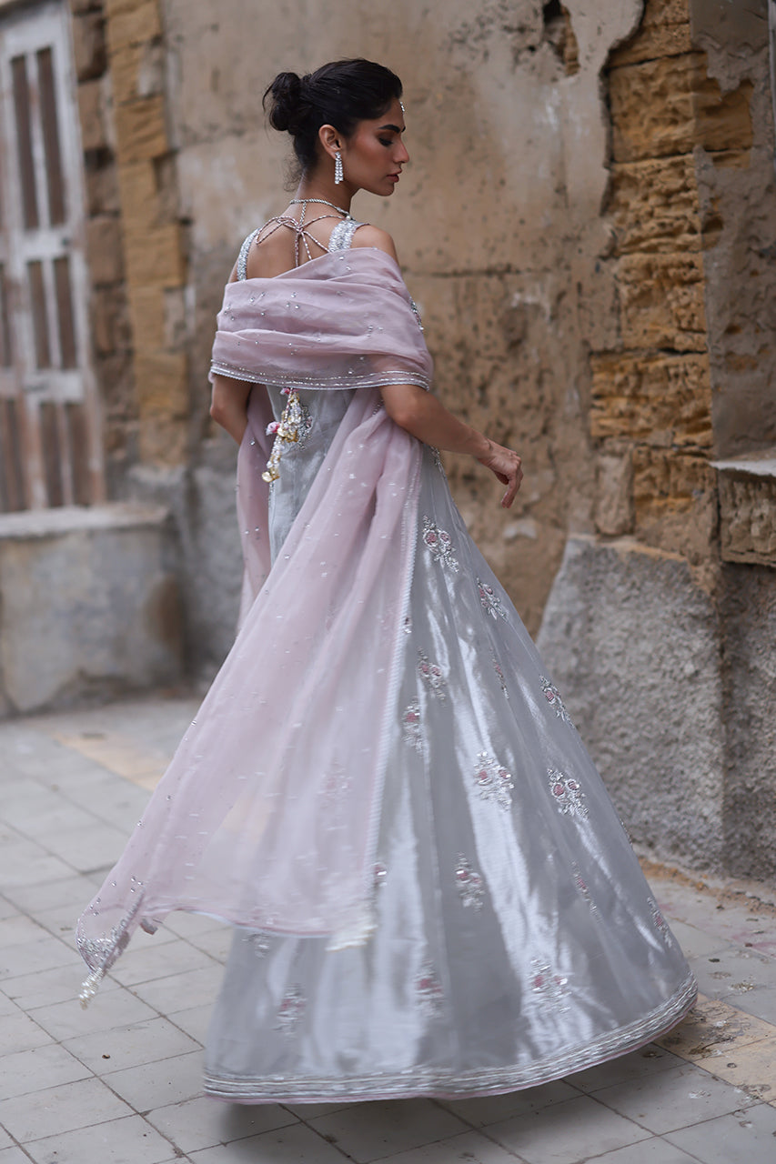 Silver Zardozi Tissue Silk Kalidar Dress (2-Piece) - Image 5